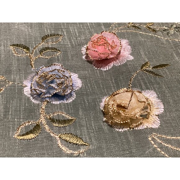 Sheer Light Green Table Runner & Matching Mat Floral Embroidered 3D Carnations - Picture 5 of 16